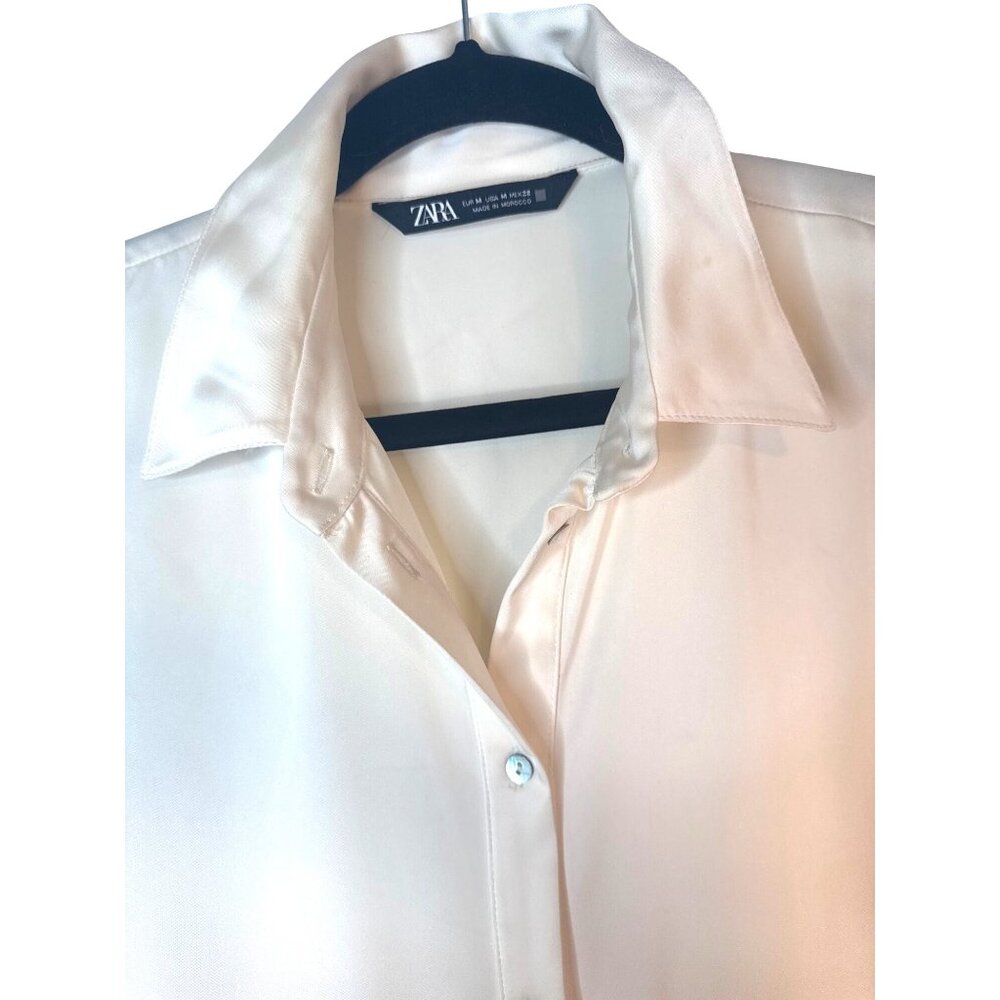 ZARA Cream Medium Satin Button-Up Drop Sleeve Ruffle Hem Shirt Dress - Picture 10 of 14